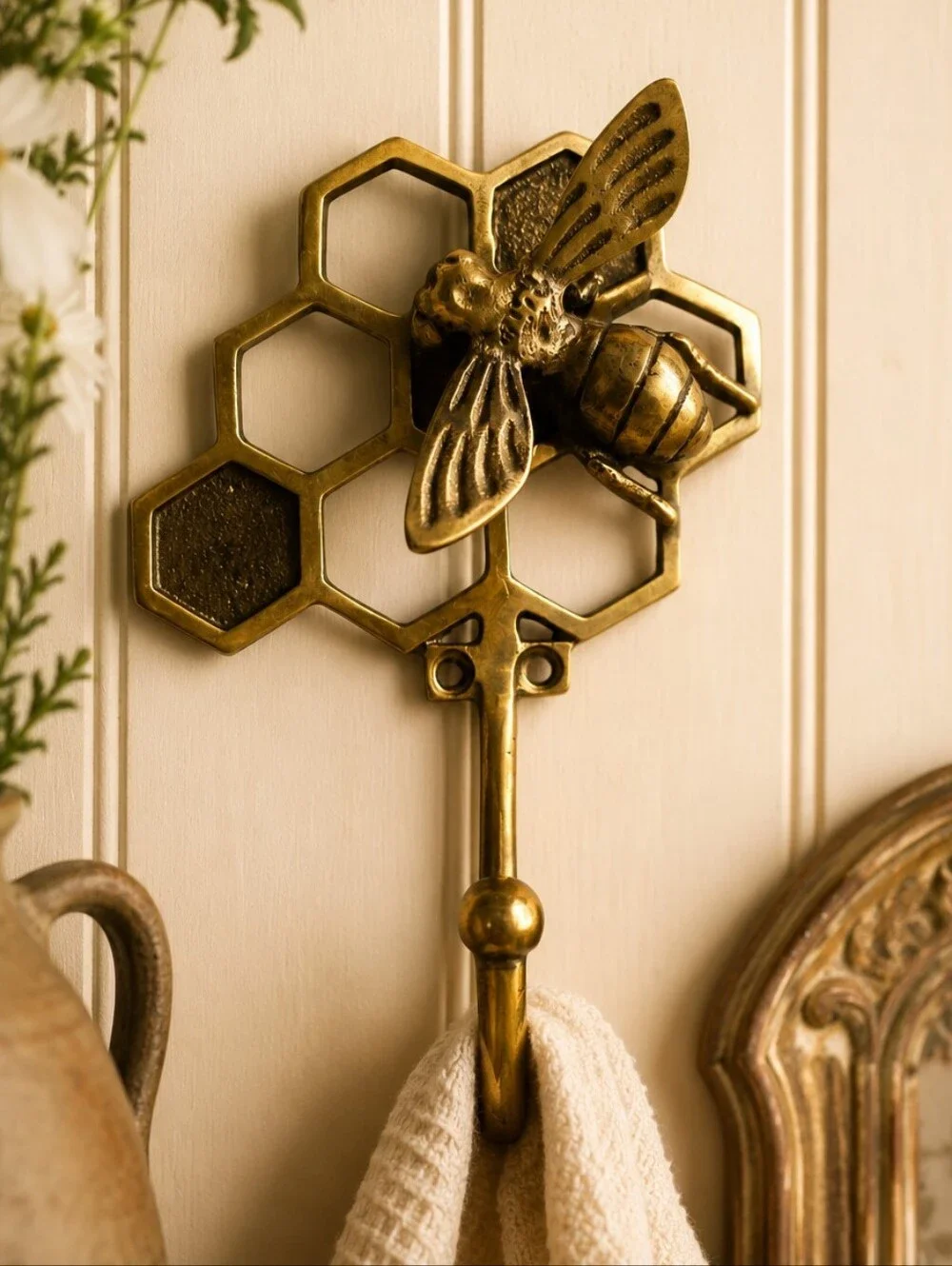 Brass Tone Bee Honeycomb Wall Hook Gold Cottagecore Decorative Towel Hanger